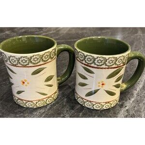 Set of 2 - Temp-tations Mugs by Tara Old World Green Floral Coffee Cups